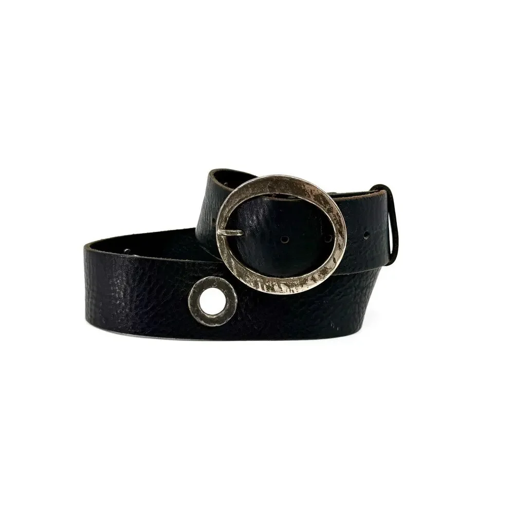Vintage 90s Garuglieri Black Leather Round Buckle Grommet Belt
